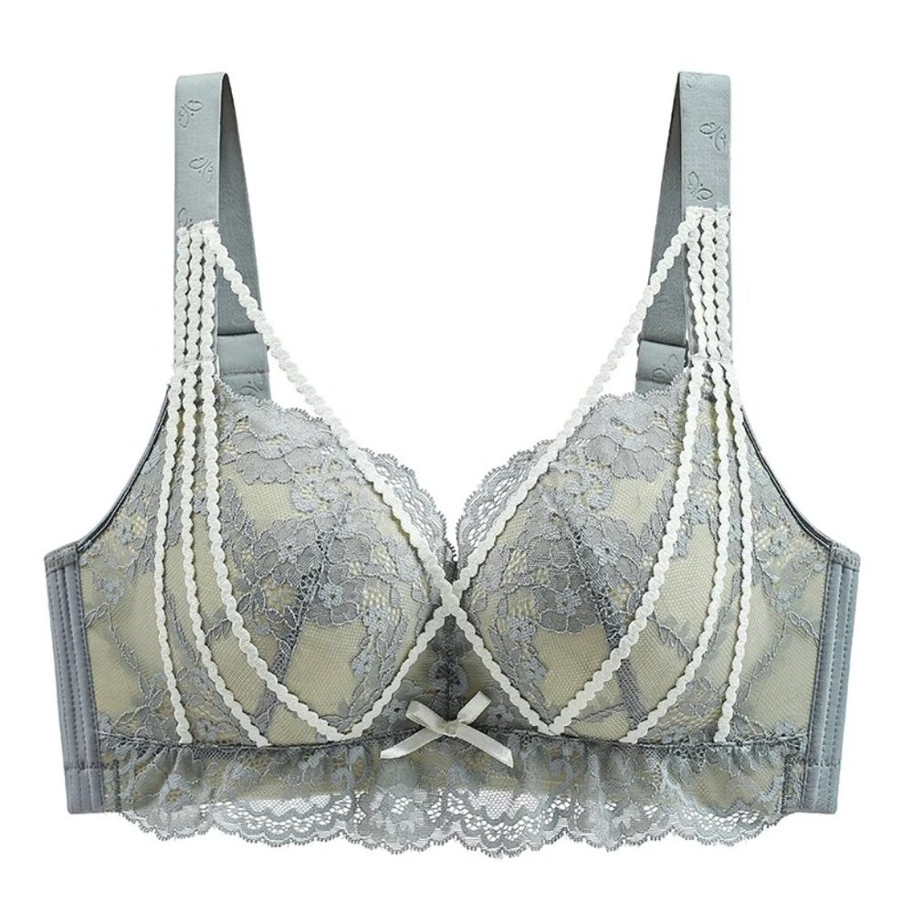Women’s Plus Size 38-44/85-100 C-D Grey Floral Lace Wireless Bra, Full Coverage,